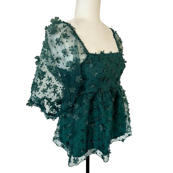THIRTY THIRTY LA Short Sleeve Top Blouse Size Medium Green Flower Chiffon Lined - Picture 4 of 7